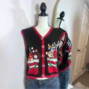 Festive Black and Red Christmas Knit Sweater Vest